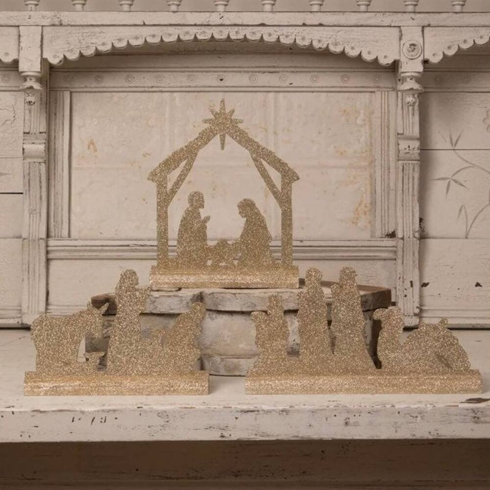 New Bethany Lowe Silver & Gold 3 pc Nativity Silhouette Set